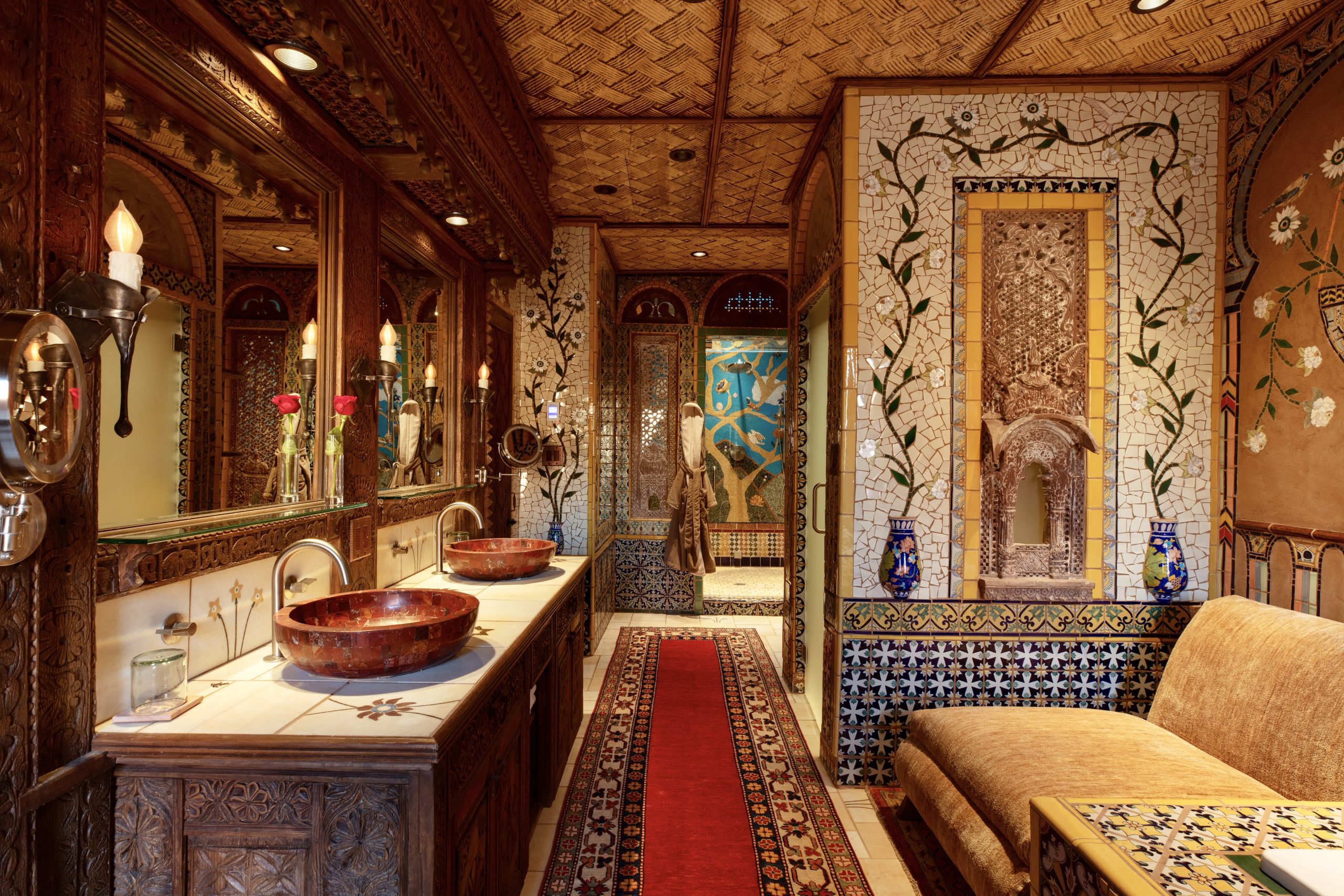 A view of the exquisite bathroom in Adobe Rose; the newest suite at The Inn of The Five Graces, a Luxury Boutique Hotel and Resort in Downtown Santa Fe, New Mexico.
